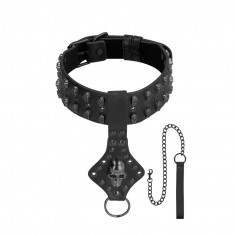 Neck Chain with Skulls and Leash - Blac